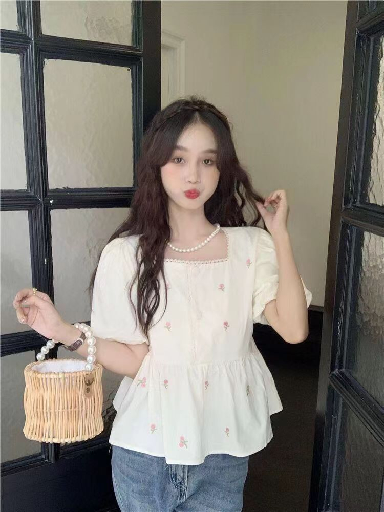 方領拼接泡泡袖碎花襯衫2024新款甜美洋氣寬鬆短袖少女上衣潮夏季