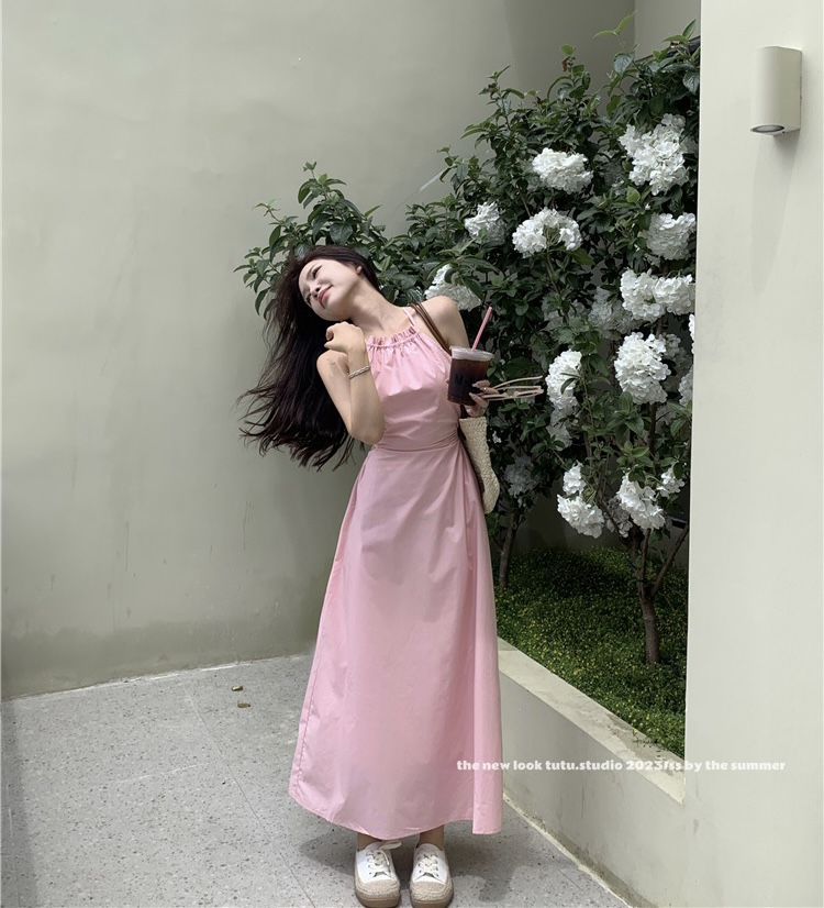 實拍~大碼掛脖露腰吊帶連衣裙女夏氣質收腰顯瘦少女初戀長裙