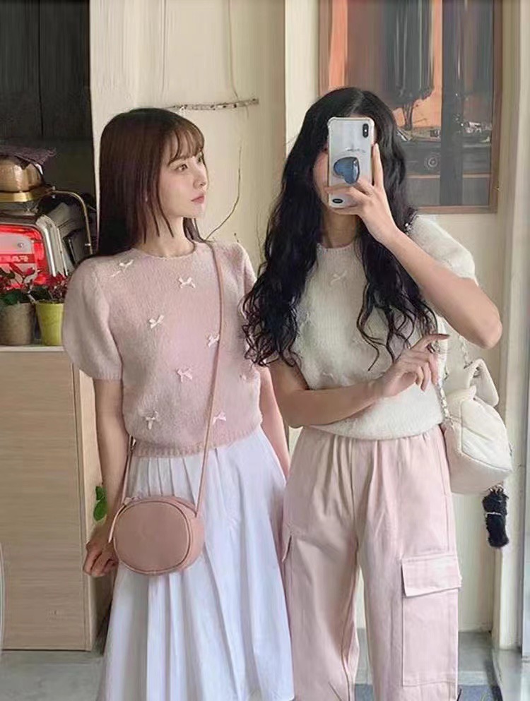 法式白色圓領蝴蝶結短袖毛衣女早春寬鬆軟糯慵懶百搭短款針織上衣