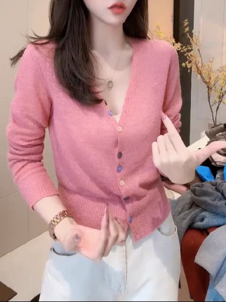 彩色紐扣v領針織開衫女2024年新款內搭打底春季薄款寬鬆長袖上衣
