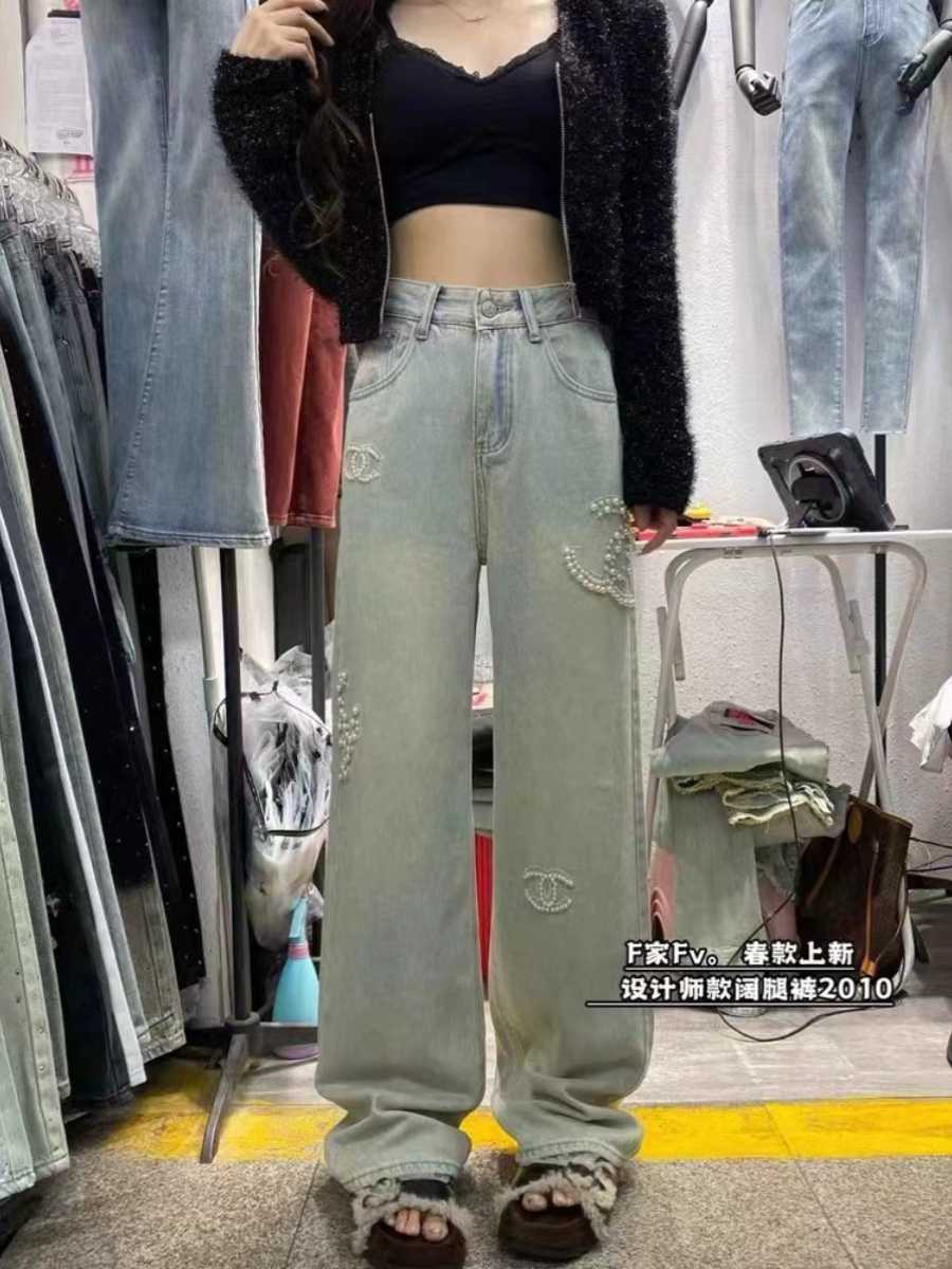 歐貨珍珠釘珠刺繡直筒牛仔褲女春新款高腰顯瘦百搭寬鬆闊腿拖地褲