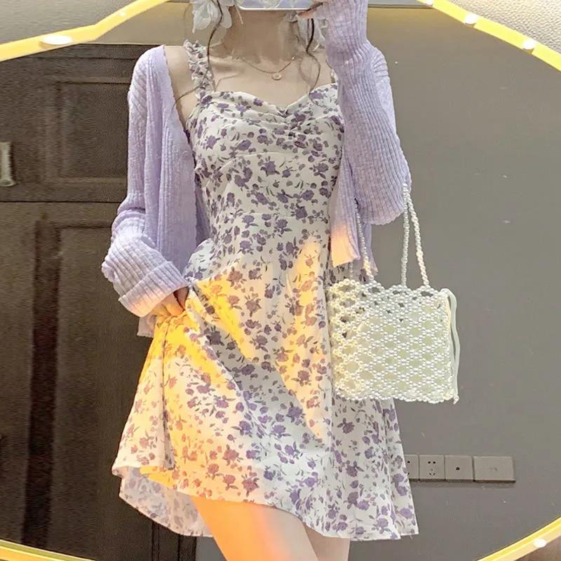 單件套裝碎花吊帶連衣裙+針織防曬開衫女夏設計感小個子氣質短裙