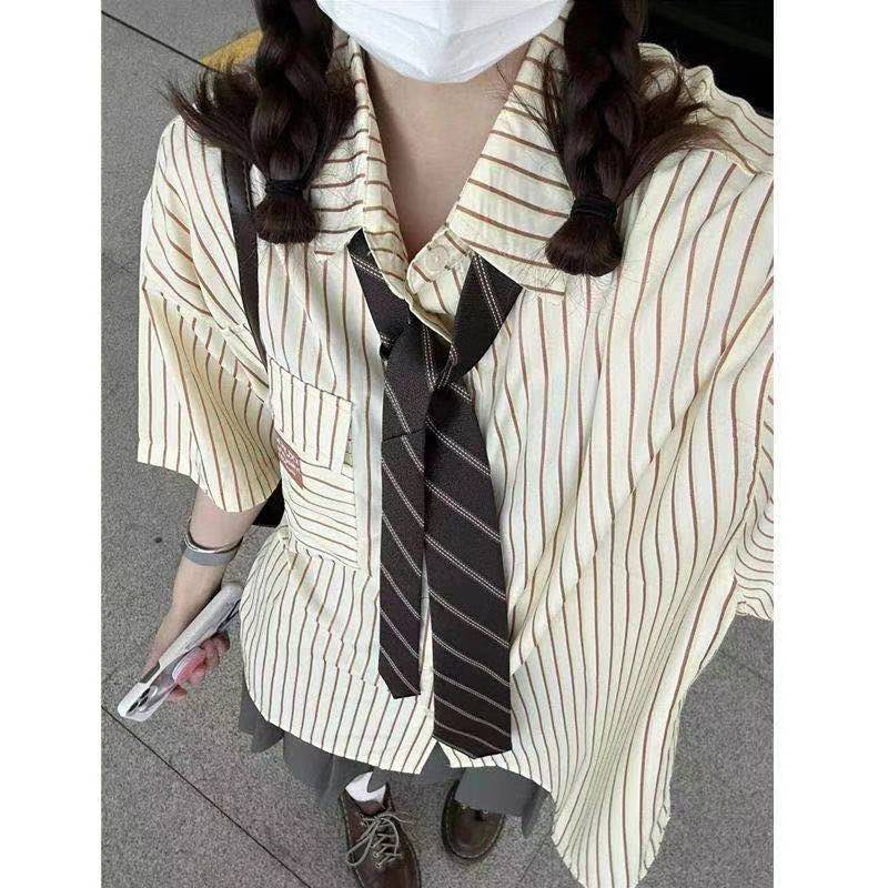 美式復古寬鬆條紋襯衫女日系學院風襯衫上衣潮