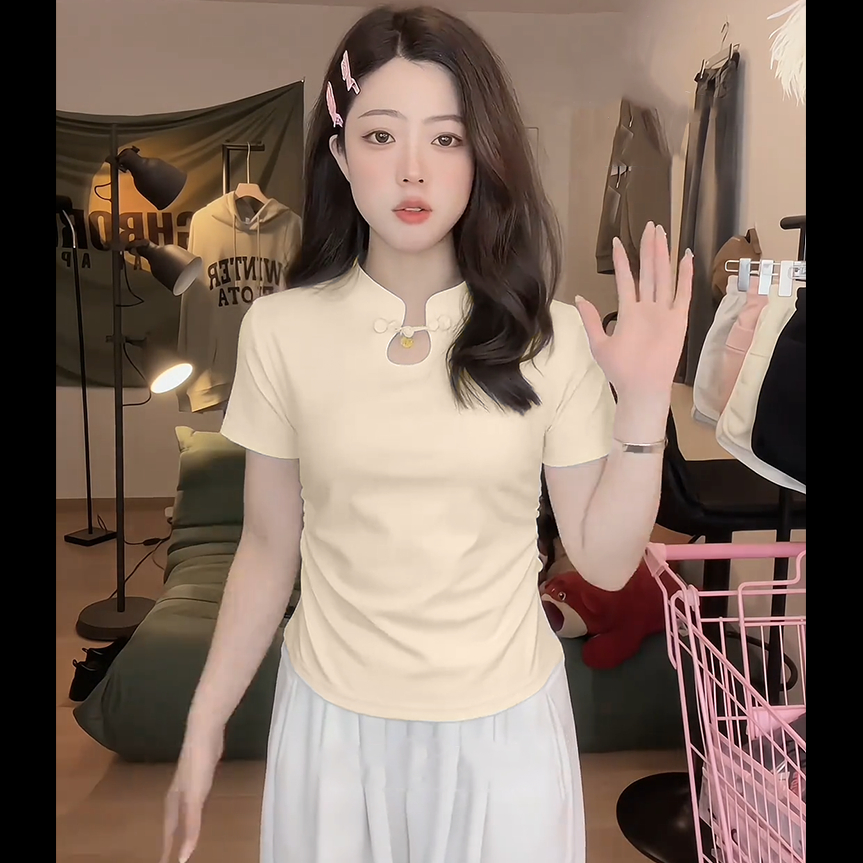 盤扣內搭設計感收腰短上衣新中式立領古色國風短袖t恤女