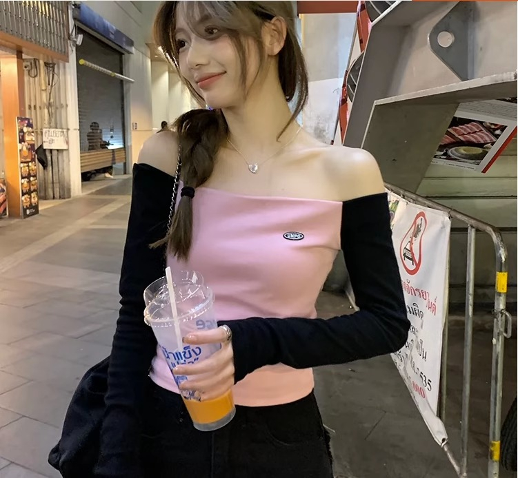 美式潮牌長袖T恤女新款2024春季設計感修身百搭一字肩上衣打底衫