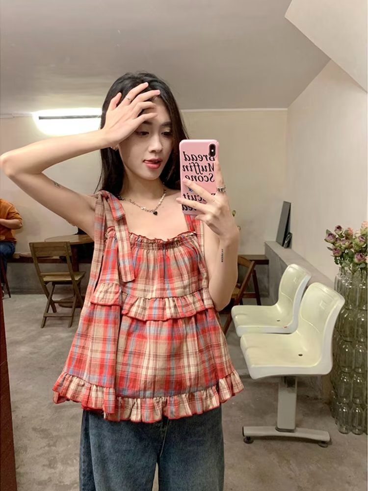 滌棉短款無袖外穿小吊帶夏季甜辣妹多巴胺穿搭氣質背心上衣女
