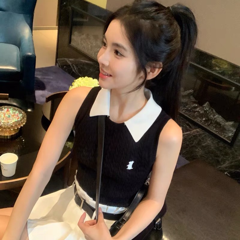 翹課學妹韓系學院風撞色刺繡上衣女設計感夏季顯瘦polo領針織背心