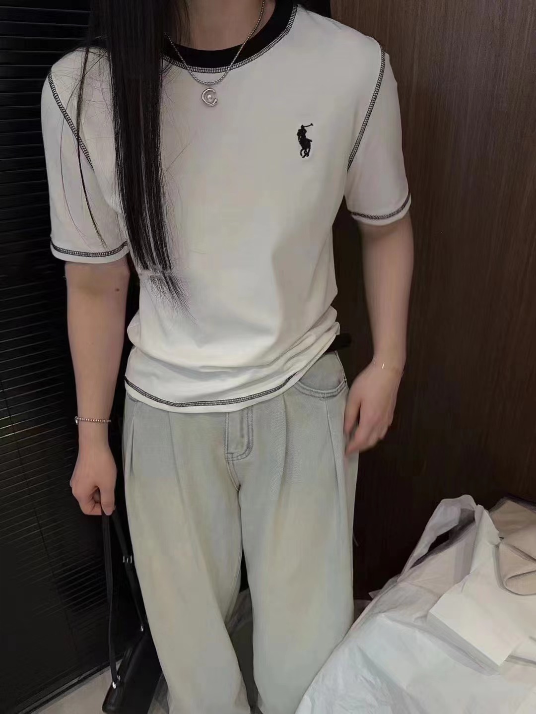 2024春季新款圓領內搭短袖撞色正肩修身T恤女打底上衣