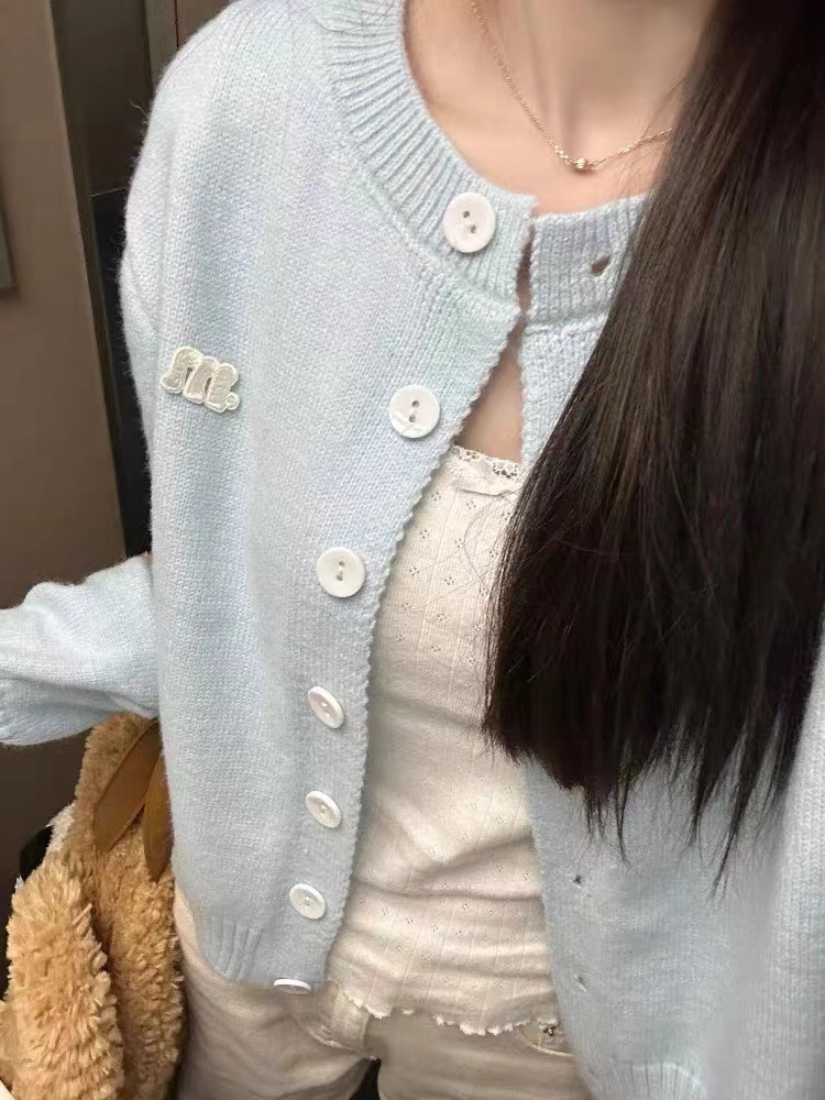 Light blue long-sleeved sweater for women spring 2024 new style gentle style soft and waxy loose short outer cardigan