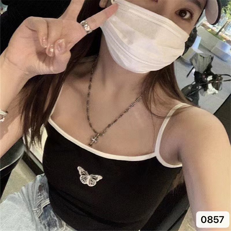 2024夏短袖百搭修身顯瘦小蝴蝶刺繡打底背心吊帶短款露臍上衣