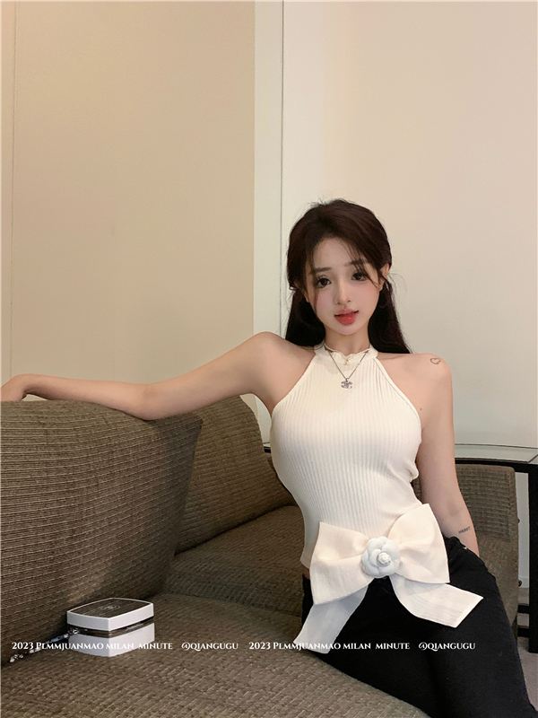 實拍  夏季外穿掛脖蝴蝶結掛脖上衣小背心女