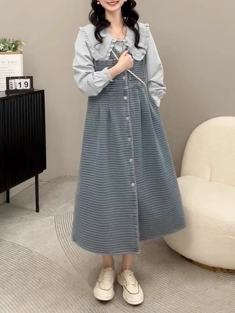 法式桔梗提花牛仔連衣裙女2024新款高級感顯瘦懶惰風寬鬆中長裙子