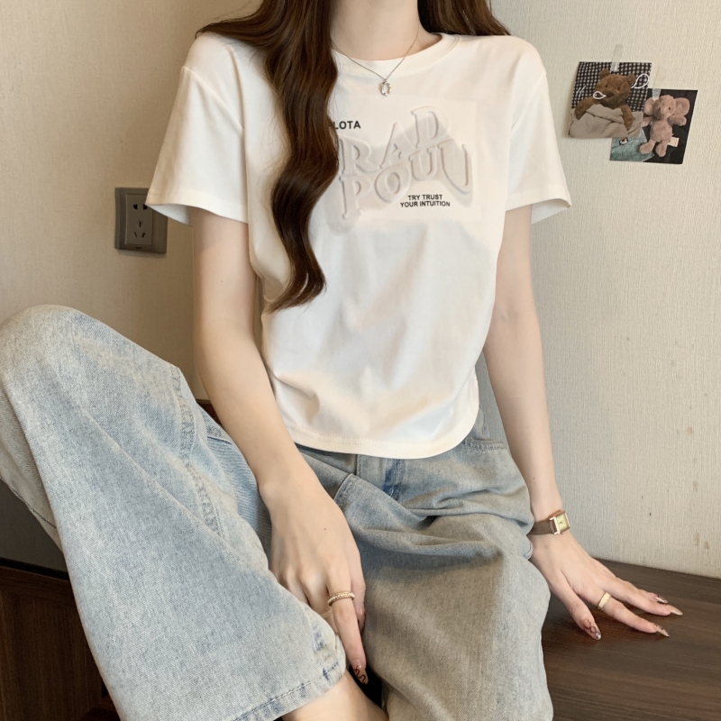 實拍~純棉 夏季小個子設計發泡印花顯瘦短款上衣