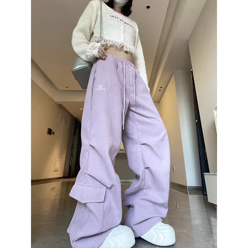 美拉德燈芯絨褲子女春夏咖色工裝褲美式復古棕色休閒運動褲