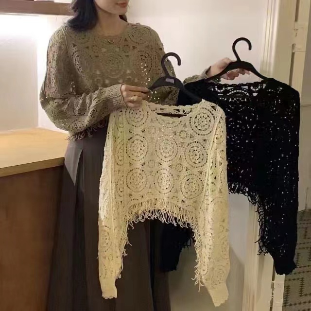 鏤空鈎花流蘇上衣不規則設計感小眾針織衫長袖春夏季新款罩衫棉質