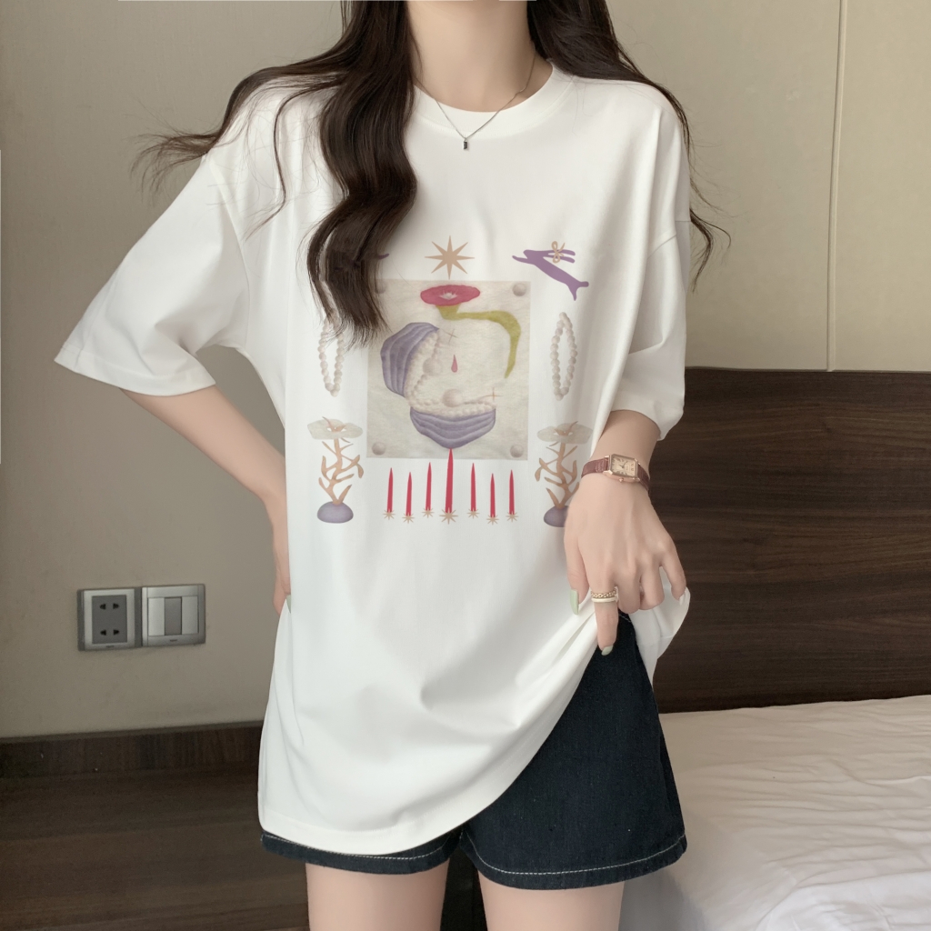 實拍 100%棉精梳純棉 印花夏裝短袖T恤女寬鬆韓版