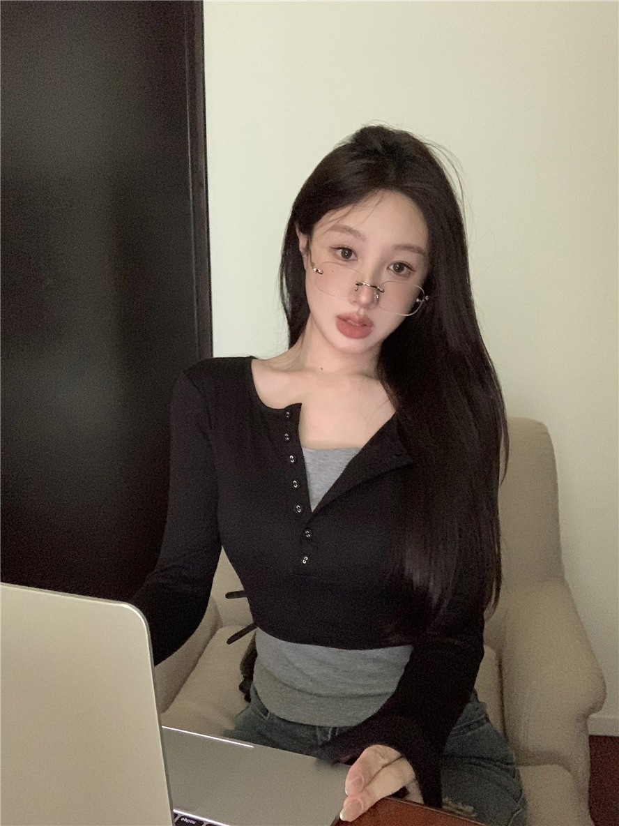 實拍半開領紐扣假兩件長袖T恤女修身顯瘦打底衫百搭上衣