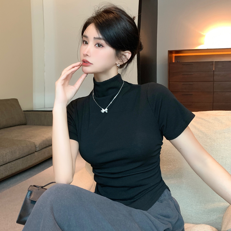 Real shot, right shoulder, stand collar, short-sleeved T-shirt for women, 2024 summer new hot girl pure desire, waist-cinching short solid color top