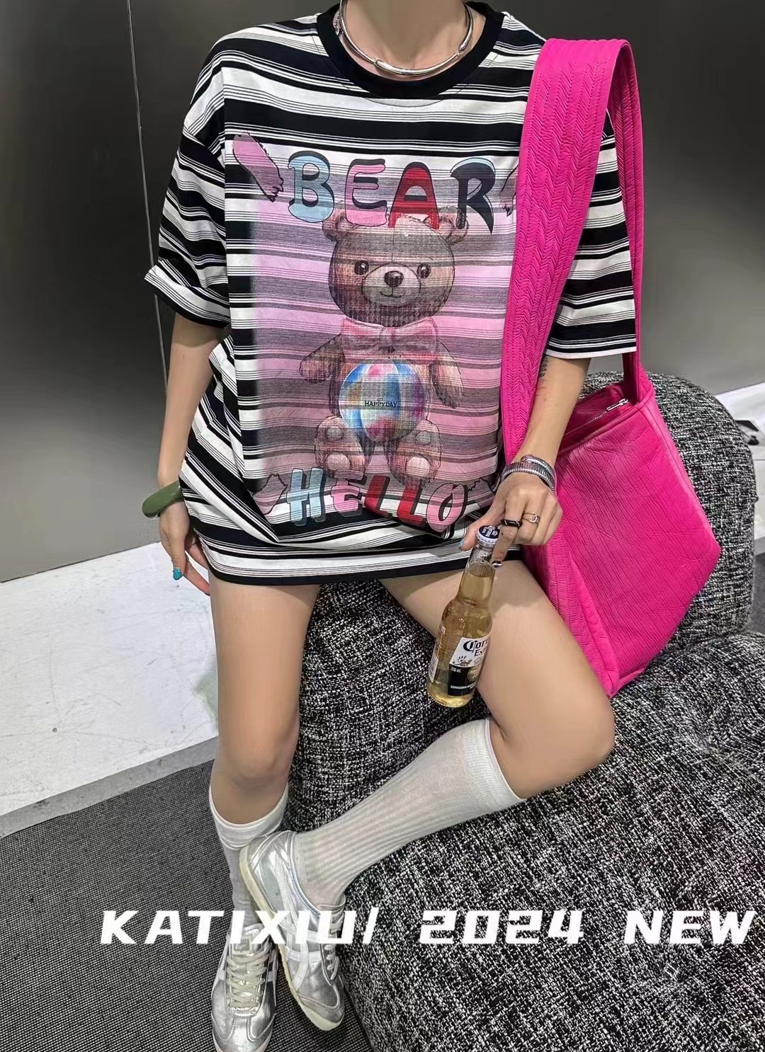 2024春夏新款歐貨重工條紋小熊印花寬鬆大版休閒百搭上衣女中長潮