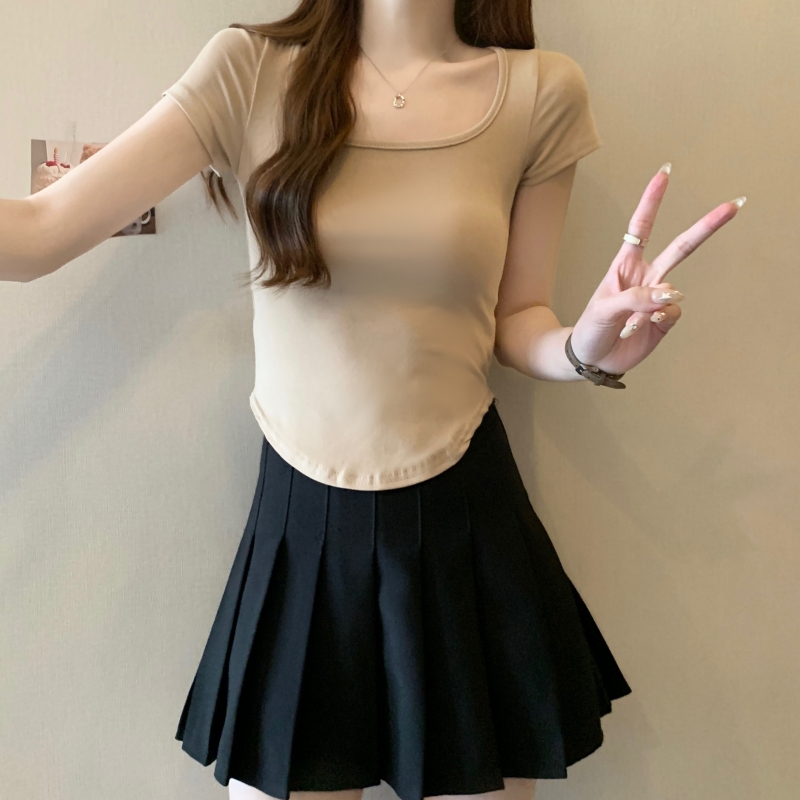 實拍  40支純棉 2024夏裝設計感小眾彈力短袖T恤女