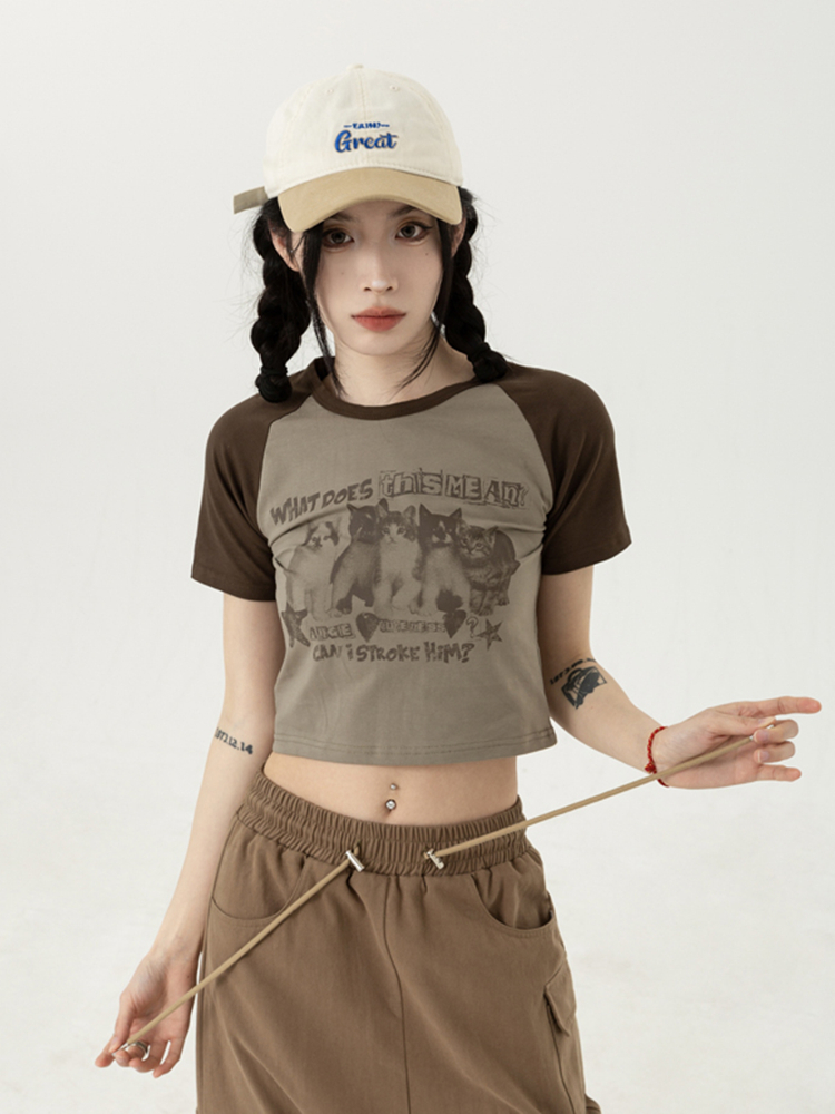 吵吵家 短袖t恤女夏季高腰休閒小眾設計感美式復古撞色露臍上衣
