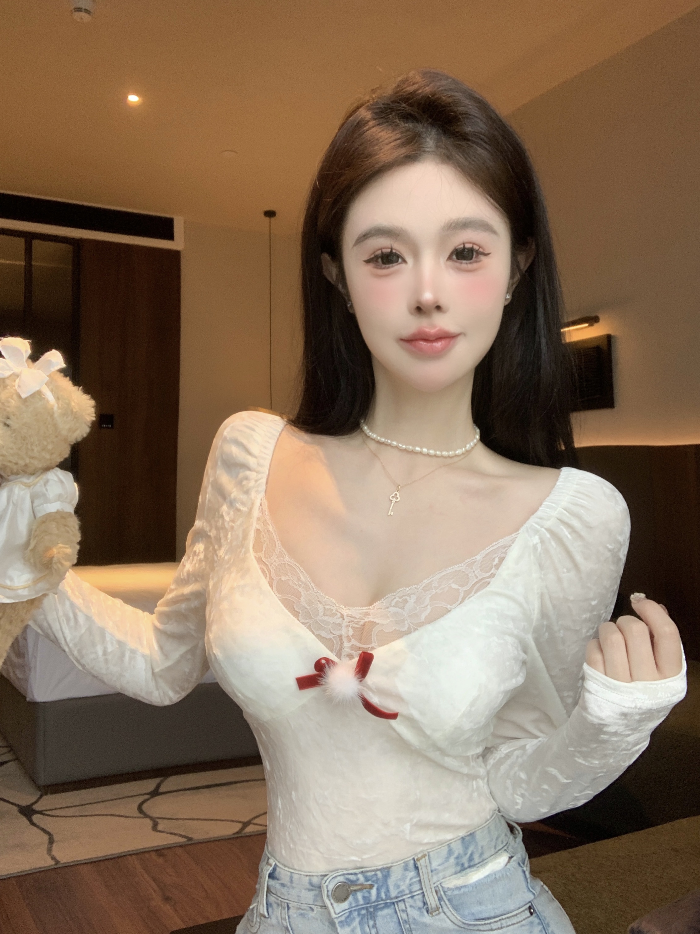 實拍  絲絨冬季打底衫女長袖顯瘦內搭