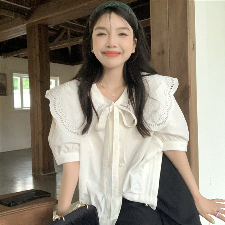 實拍~大碼裝高級少女感可拆卸撞色花邊領綁帶短袖襯衫女上衣