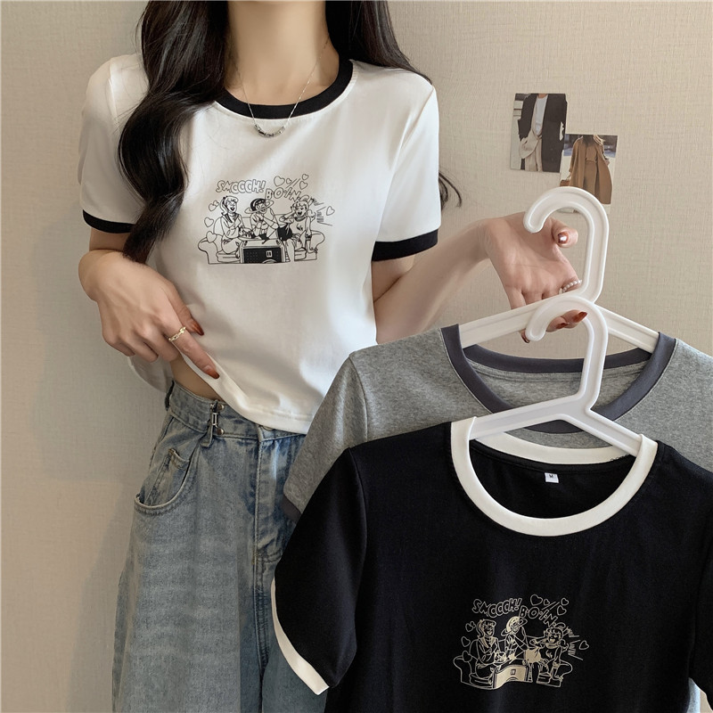 實拍撞色小眾設計感短袖t恤女夏短款修身顯瘦圓領正肩小個子上衣