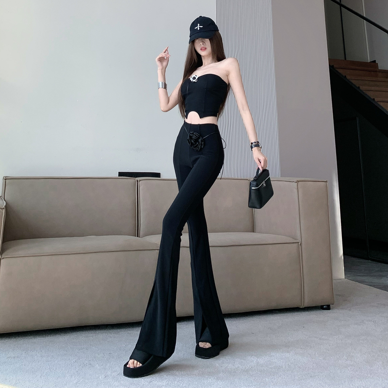 小眾設計師黑色喇叭褲女高腰顯瘦微喇垂墜感彈力修身立體花朵長褲