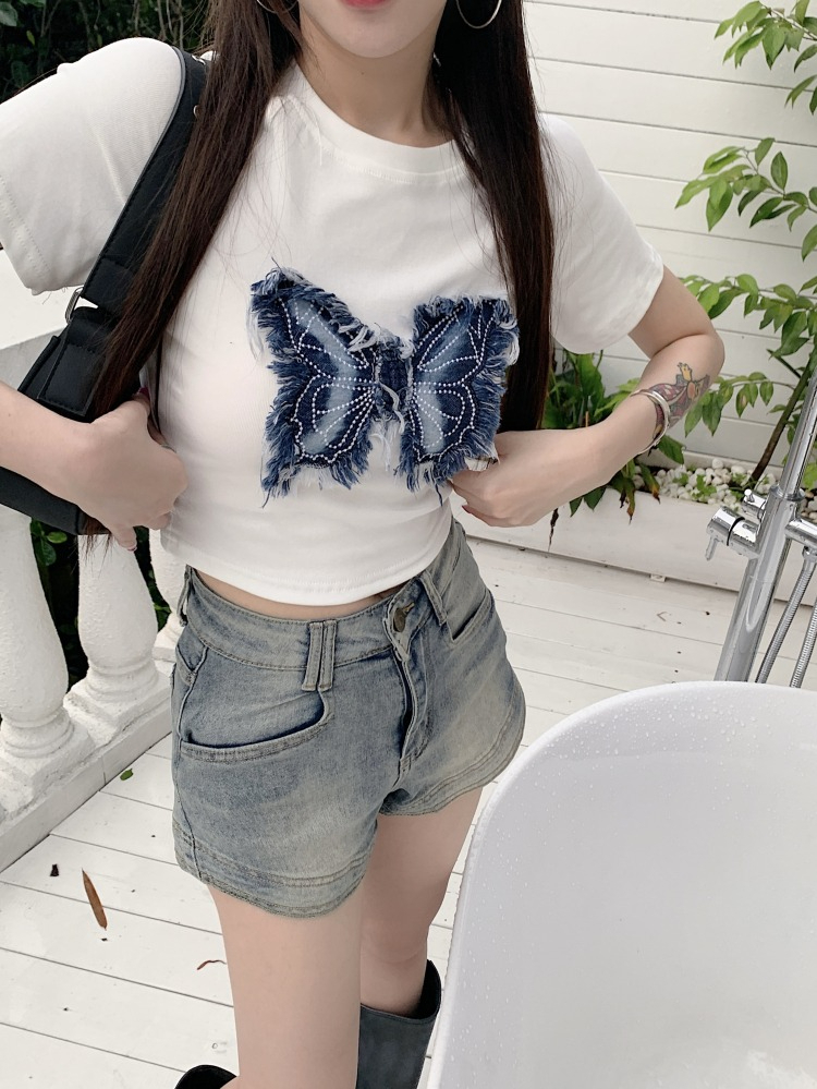 官圖 美式立體蝴蝶t恤復古設計感小眾修身短袖甜辣短款上衣女