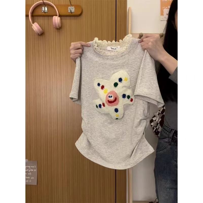 蕾絲短袖t恤女2024夏季新款純棉修身辣妹短款正肩小眾設計感上衣