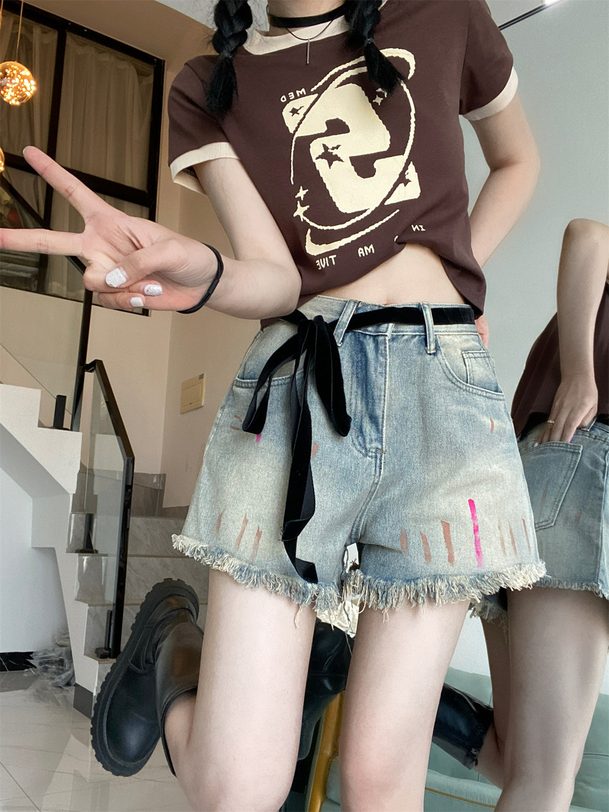 實拍~美式辣妹高腰顯瘦短款百搭性感繫繩鬚鬚牛仔褲