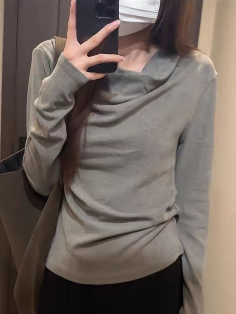 打底衫女收腰內搭上衣秋冬高級感長袖t恤 260克人棉/堆堆領灰色