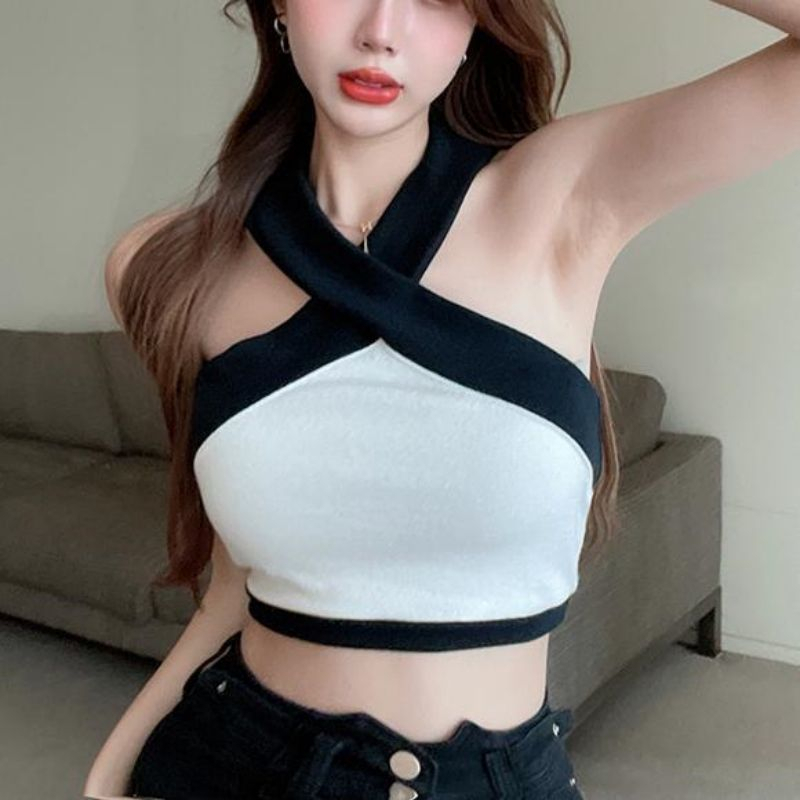 Hot girls wear contrasting color cross-over halter knitted vest for women's spring and autumn outer wear tight tube top sleeveless bottoming short top