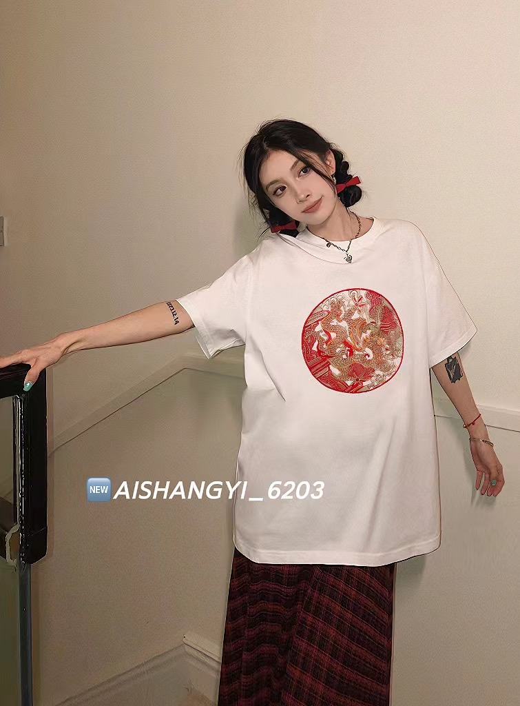 新中式輕國風女裝2024新款夏季復古短袖t恤刺繡純棉潮牌上衣