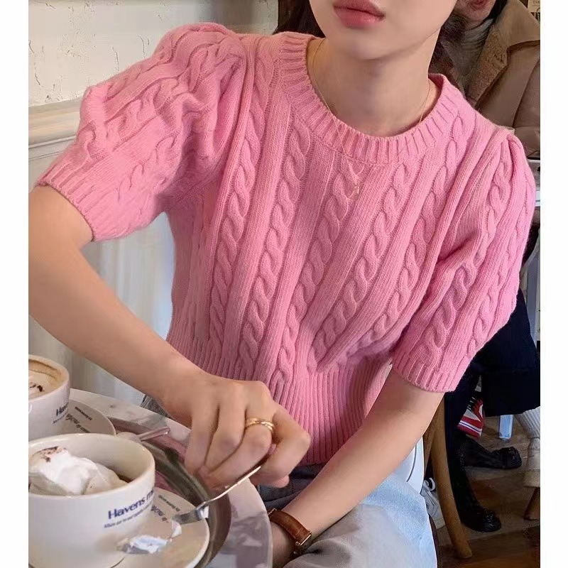 Korean ins spring new niche fashionable twist retro all-match short-sleeved sweater top puff-sleeved sweater