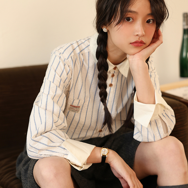 文藝復古條紋襯衫女年秋季新款設計感小眾肌理感撞色打底上衣