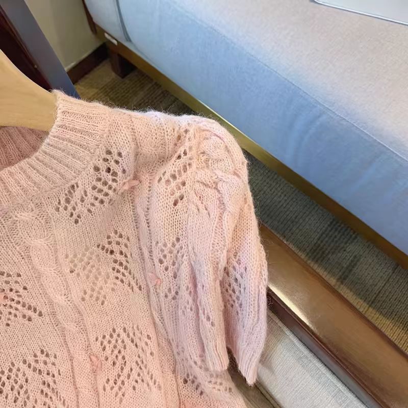 粉色針織短袖女夏季新款設計感小眾短款上衣