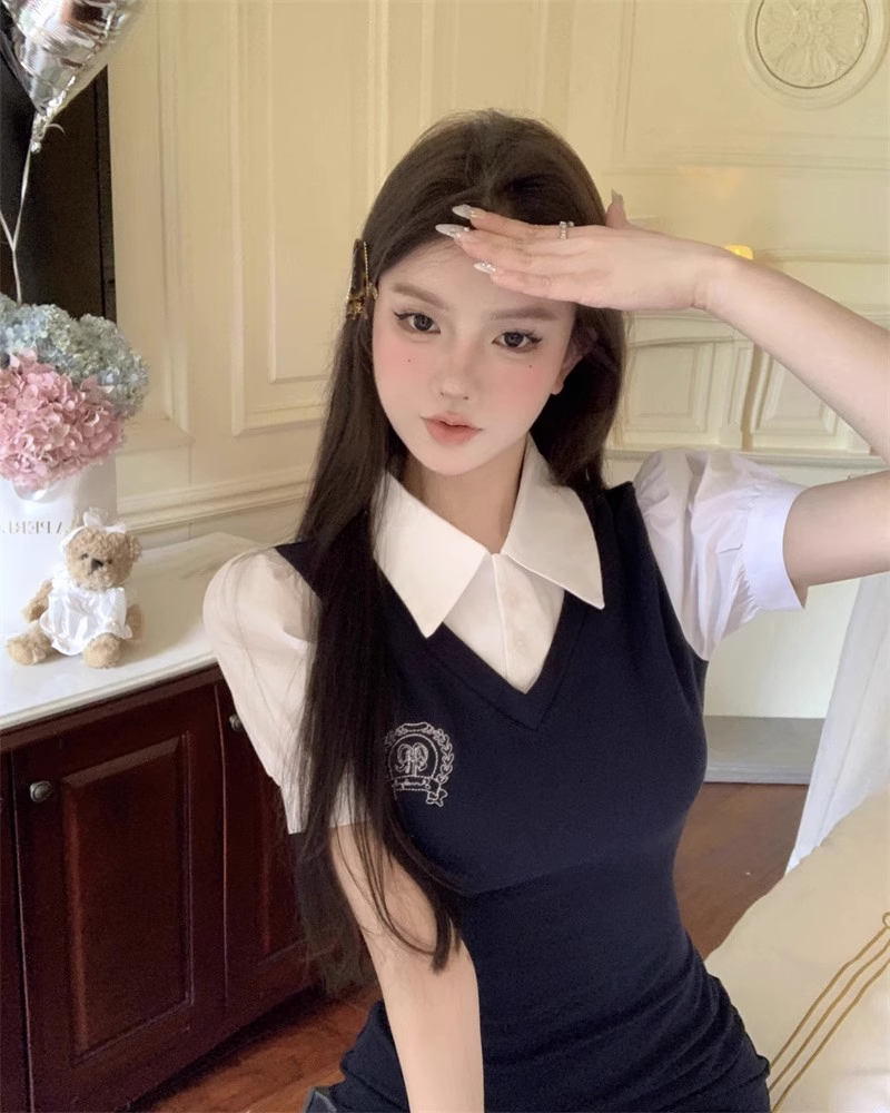學院風假兩件Polo領泡泡袖連衣裙女收腰拼接包臀短裙辣妹裙