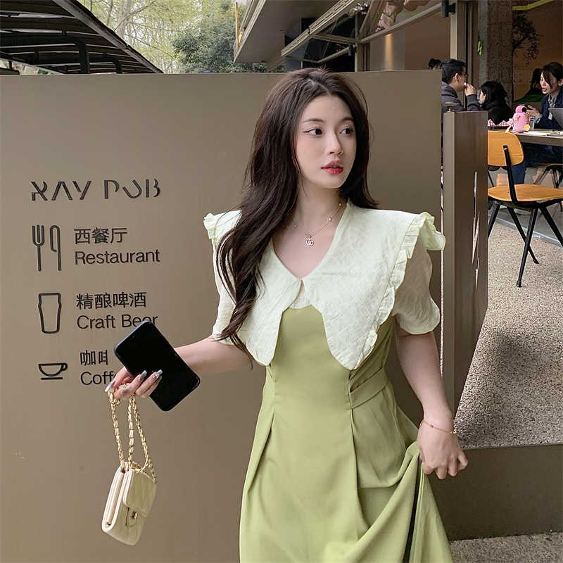法式短袖輕熟風綠色娃娃領連衣裙女氣質赫本風法式收腰顯瘦長款裙