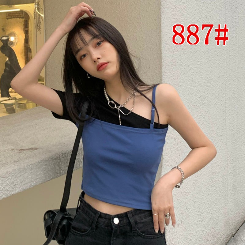 螺紋棉 假兩件撞色BM風T恤女夏辣妹露肩短款緊身2024新款短袖上衣
