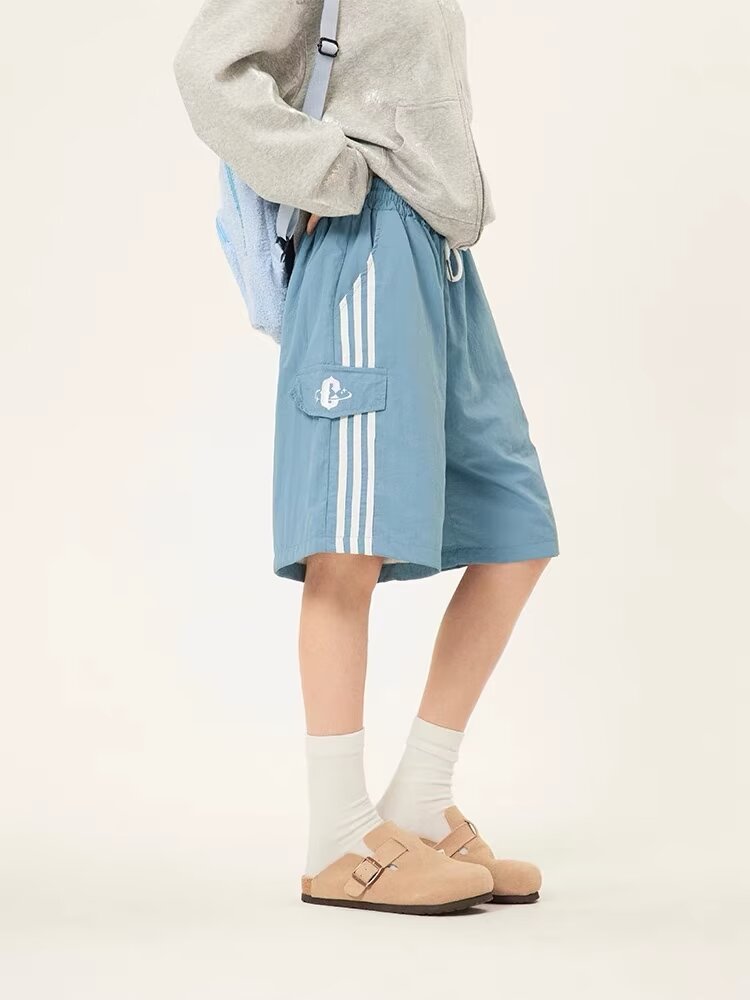美式側邊條紋直筒寬鬆短褲女休閒運動復古國潮牌鬆緊腰工裝五分褲
