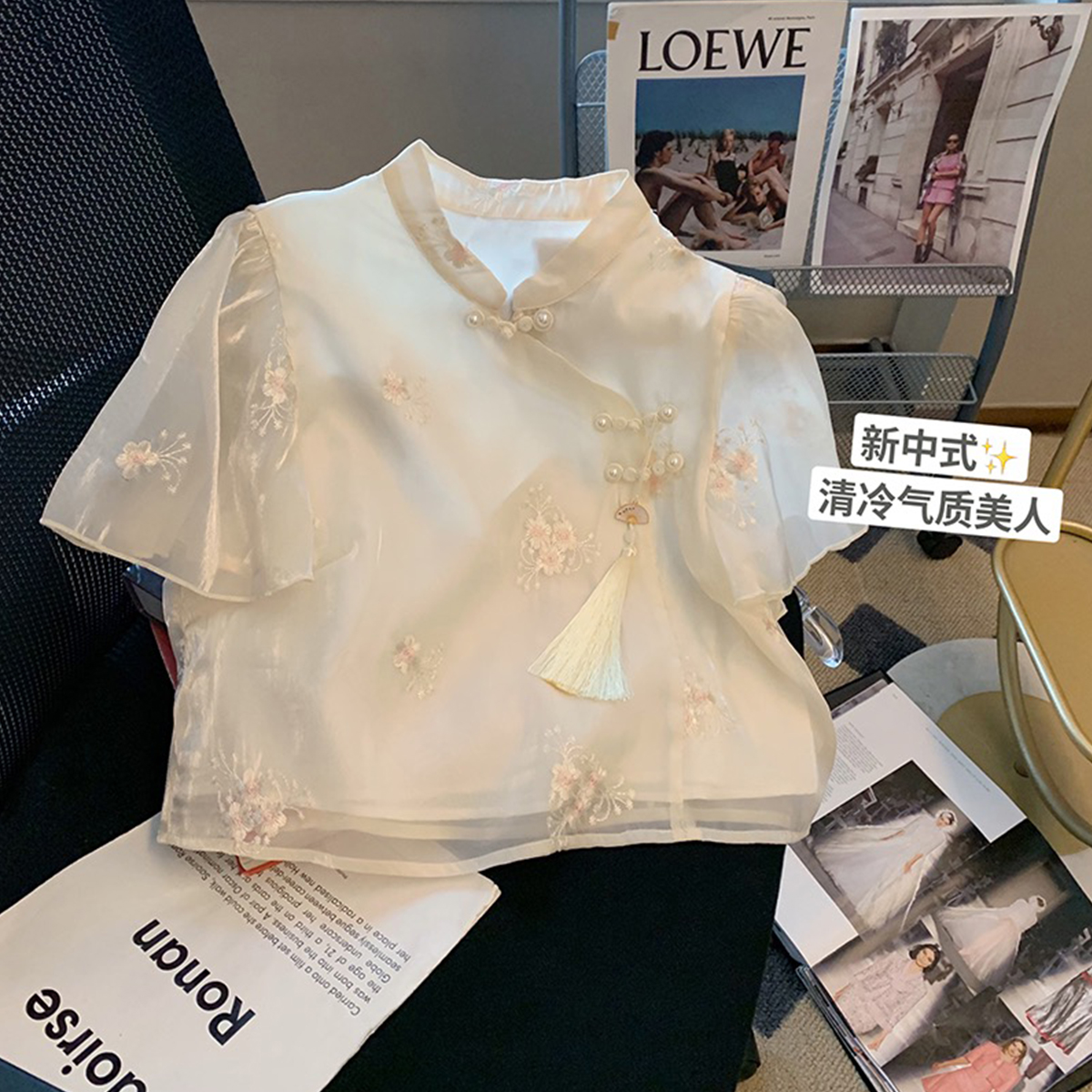 質檢官圖新中式國風刺繡盤扣網紗襯衫女夏季新款改良旗袍短款上衣