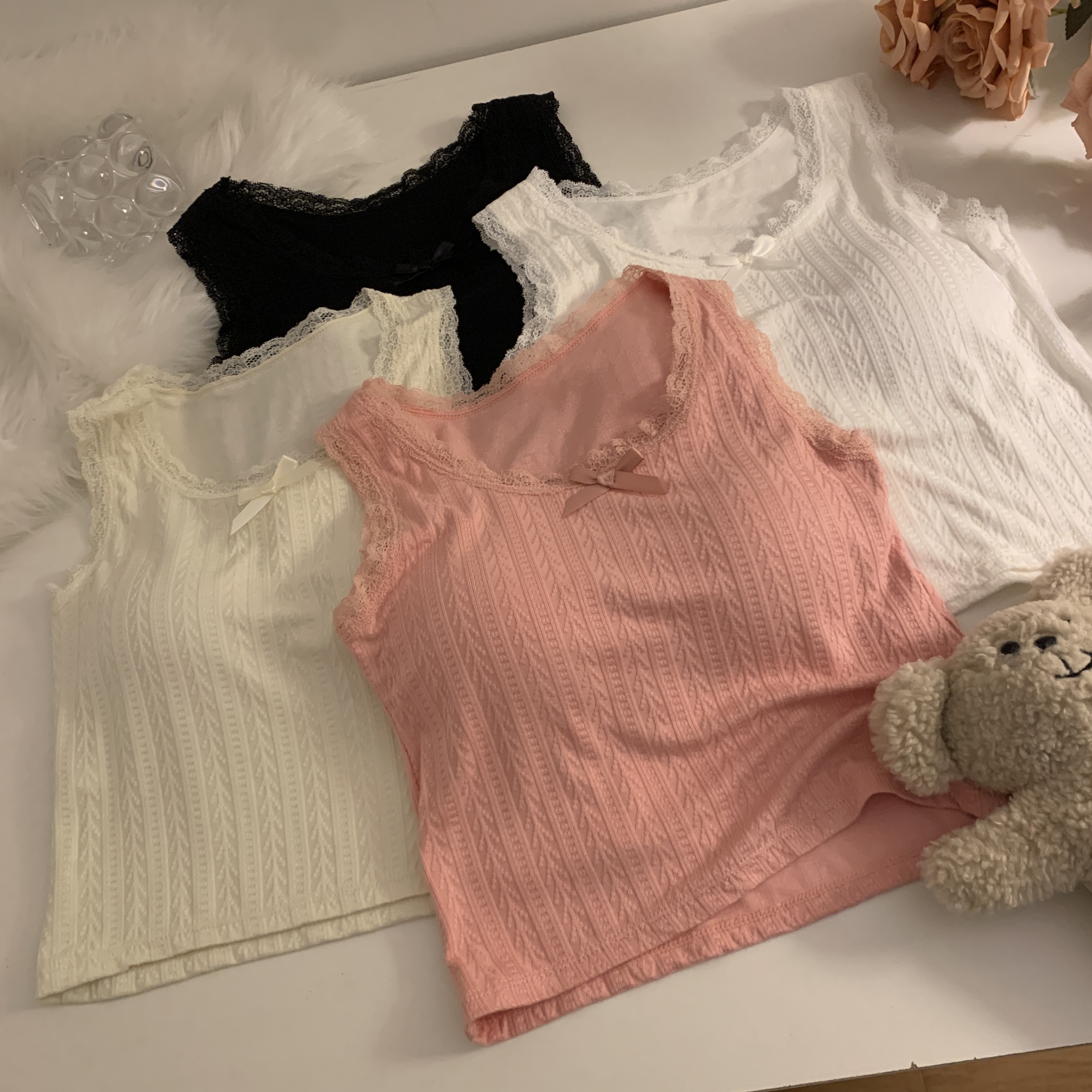 Actual shot of new Japanese style sexy lace bow jacquard camisole slim fit short top