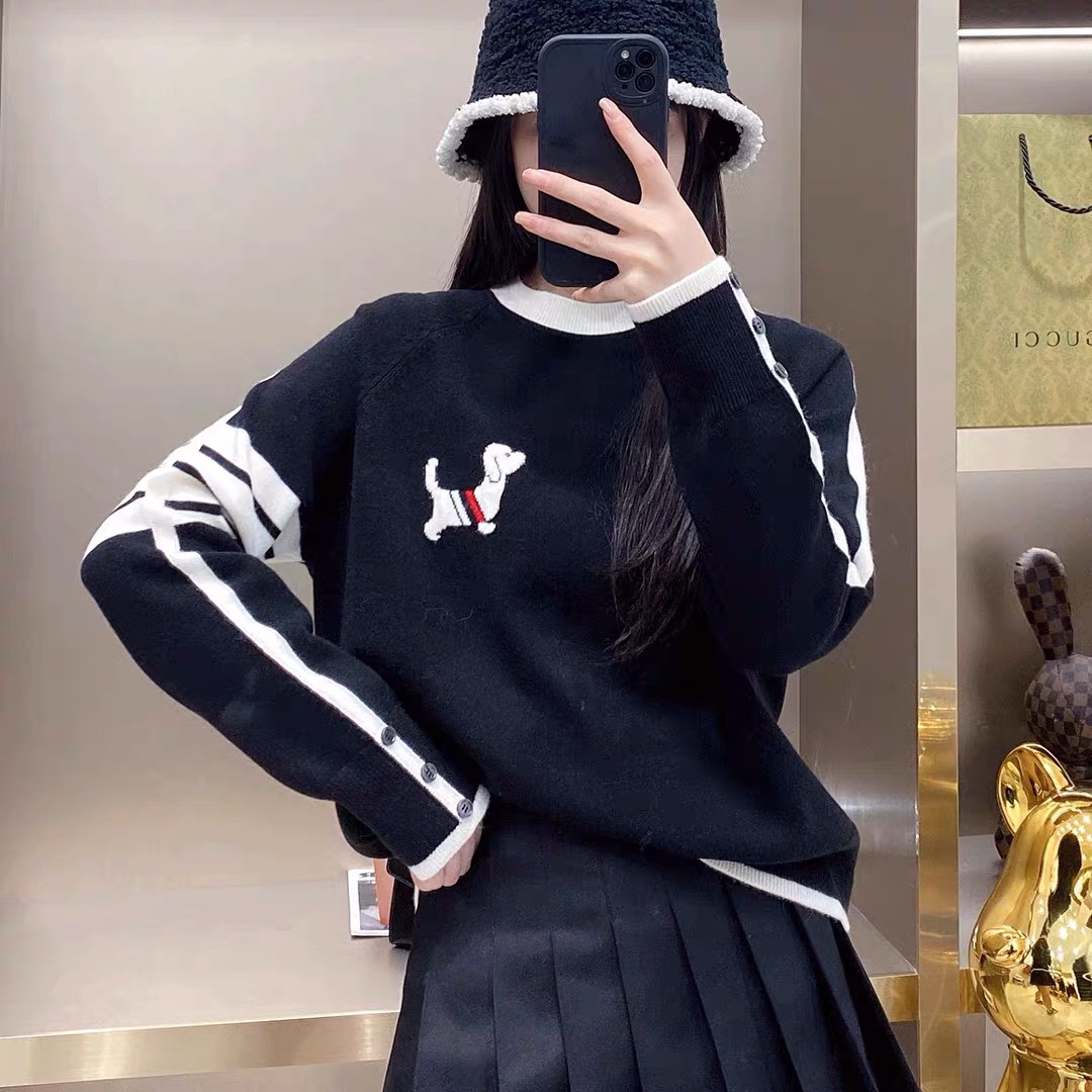 TB套頭毛衣男女同款2024秋冬韓版英倫風粗棒針復古圓領針織衫上衣