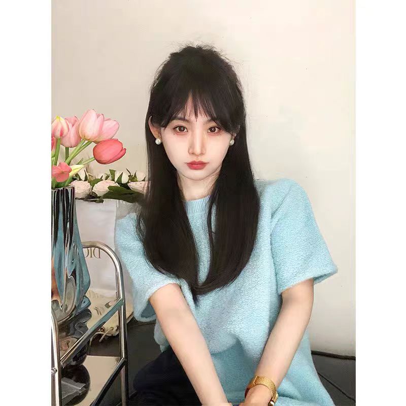 早春款甜美藍色毛衣女裝2024年新款設計感小眾短袖T恤針織衫上衣