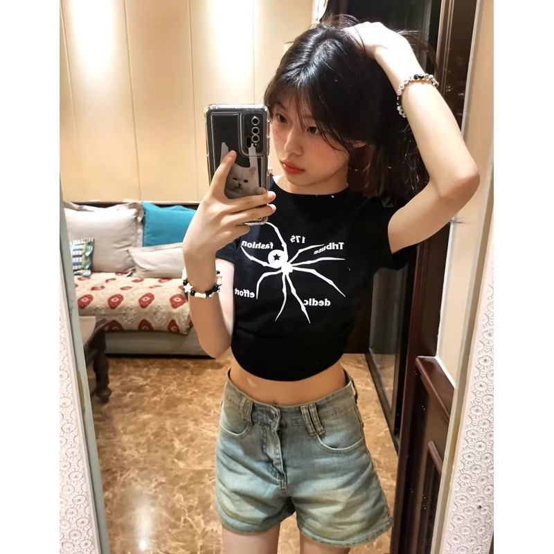 1*1純棉 高彈力夏季修身法式短款洋氣卡腰辣妹新款打底衫上衣