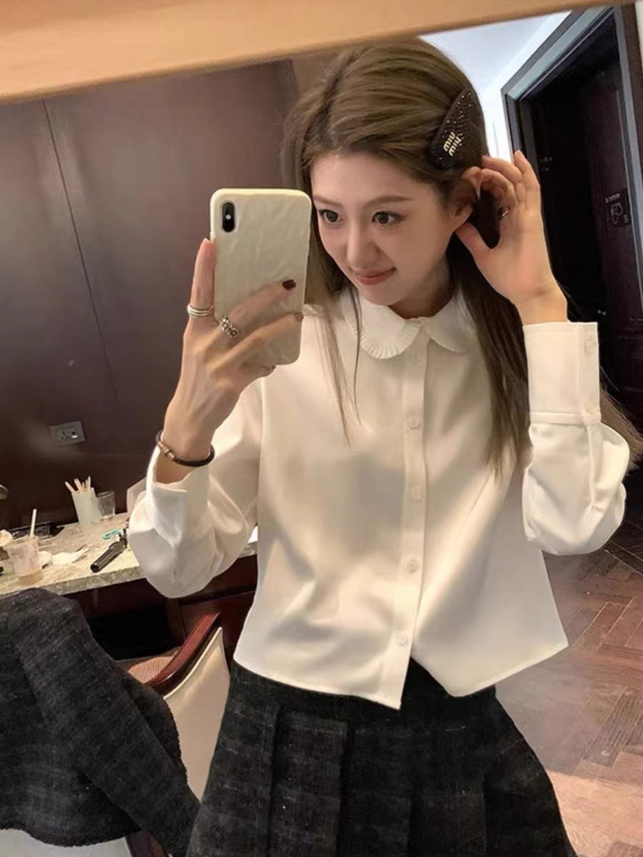 白色娃娃領內搭短款襯衫女小眾小個子長袖襯衣