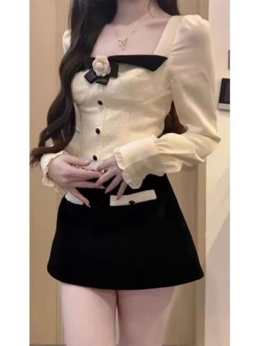 Early spring small fragrance suit for women, high-end and temperament, long-sleeved top, half-length skirt, and a complete set for small people.