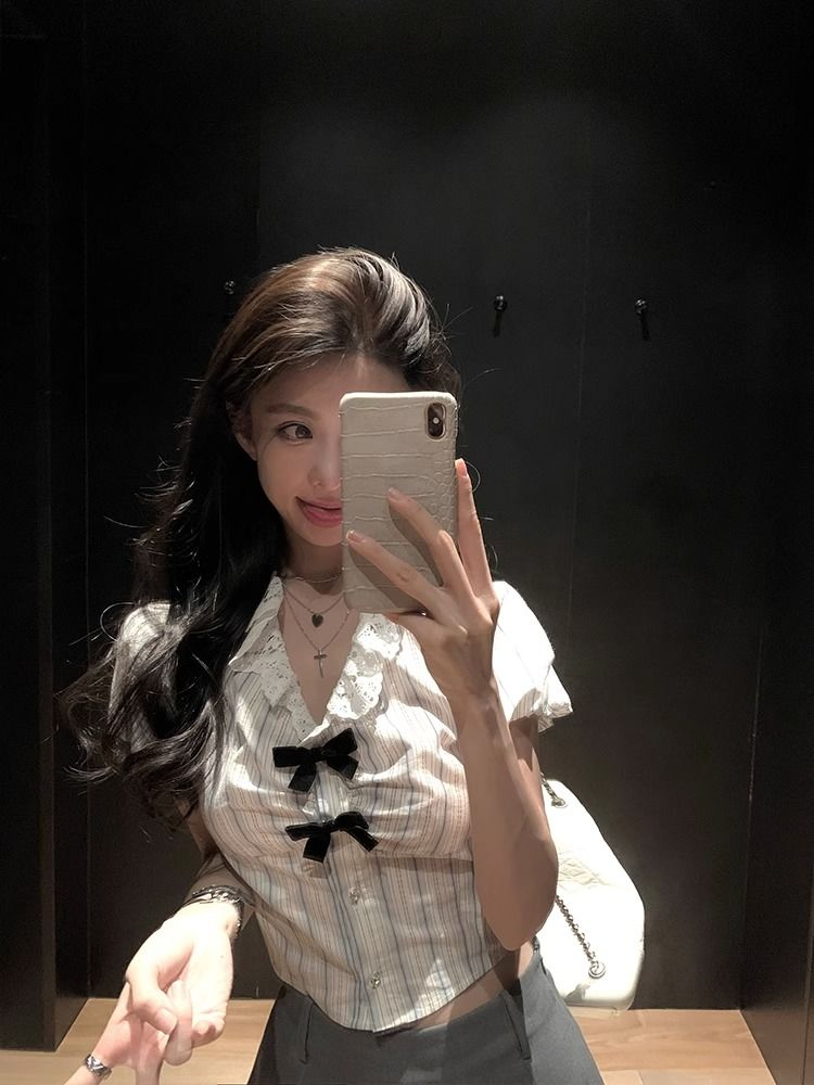 辣妹蝴蝶結條紋短袖襯衫女夏季蕾絲拼接娃娃領設計感小眾襯衣